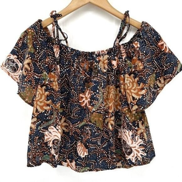 Madewell Navy Silk Cold Shoulder Sea Floral Boxy Flowy Tassel Cropped XS Blouse - Picture 3 of 10